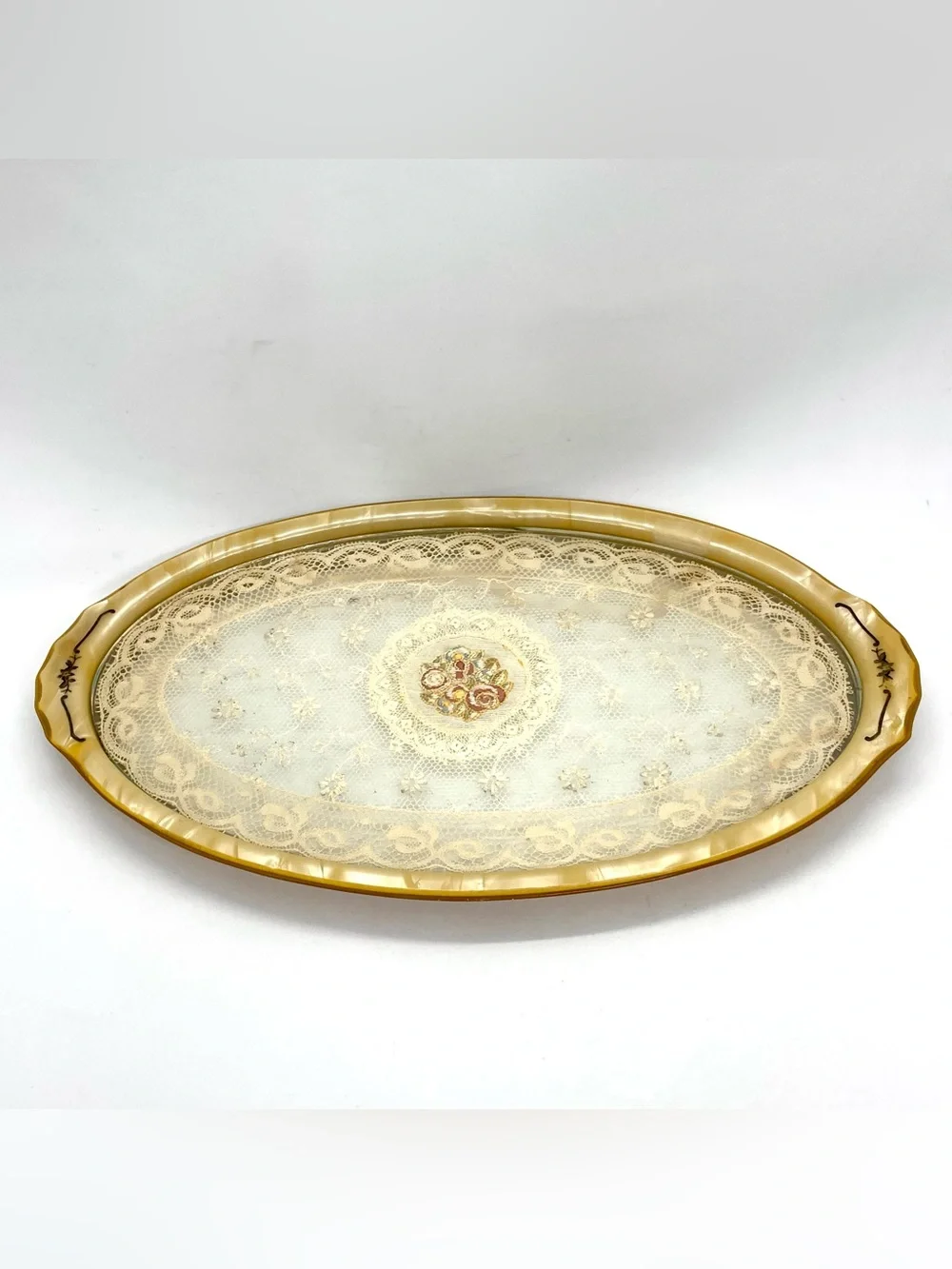 Vintage Lucite Vanity Tray with Lace & Embroidered Roses Butterscotch Oval